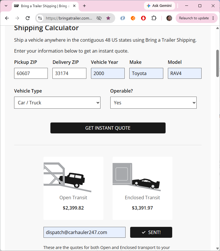 Bring a Trailer Shipping quote: Chicago 60607 to Miami 33174, 2000 Toyota RAV4, open transit $2,399.82