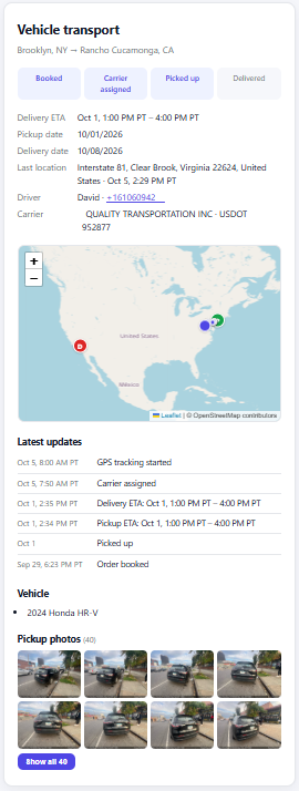 Tracking page a partner's customer sees: status, ETAs, live GPS map, latest updates and pickup photos